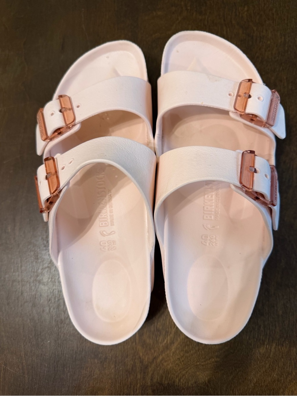 Birkenstock Pink Slide Sandals with Rose Gold Buckles